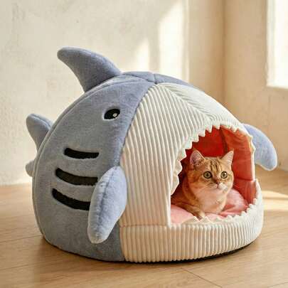 PETSIN Giường thú cưng hình cá mập mềm mại và ấm áp, mang lại cảm giác an toàn cho mèo và chó, phù hợp với mọi mùa