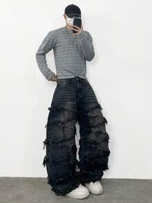 1件 Infinite Jeans 美国街头时尚男士拼接宽松舒适阔腿牛仔裤，四季皆宜的百搭牛仔裤（产品不含腰带和配饰） - 黑色 - 查看 4