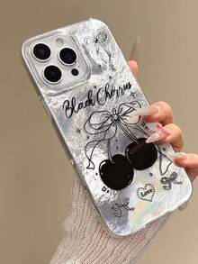 1pc Glossy Black Cherry Protective Case For IPhone12/13/14/15/16/17/PROMAX - Silver - View 3