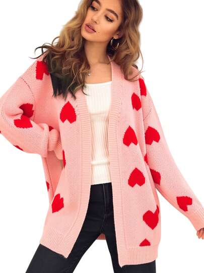 Plus Size Elegant Knitted Cardigan, Heart Pattern, Open Front, Long Sleeve, Casual, Suitable For Autumn/Winter And Valentine's Day