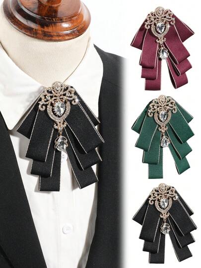 1件男士时尚闪亮水晶花朵胸针装饰领结，适合约会、派对、西装、学校、日常穿着（黑色/红色/绿色）