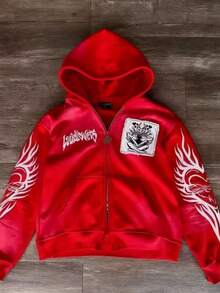 Y2K Graphic Zip-Up Hoodie | Oversized Streetwear Demon & Flame Print Jacket - 紅色拉鍊 - 查看 2