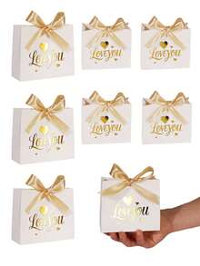 10PCS/1PC/Small Bowknot Gift Box [Including Ribbon] Valentine's Day Gift Box, Packaging Box, Packaging Bag, Can Hold Small Items, For Lovers, For Friends, Suitable For Valentine's Day, Birthdays, Party Gift Boxes [White] - White and Gold Ribbon LOVE - View 1