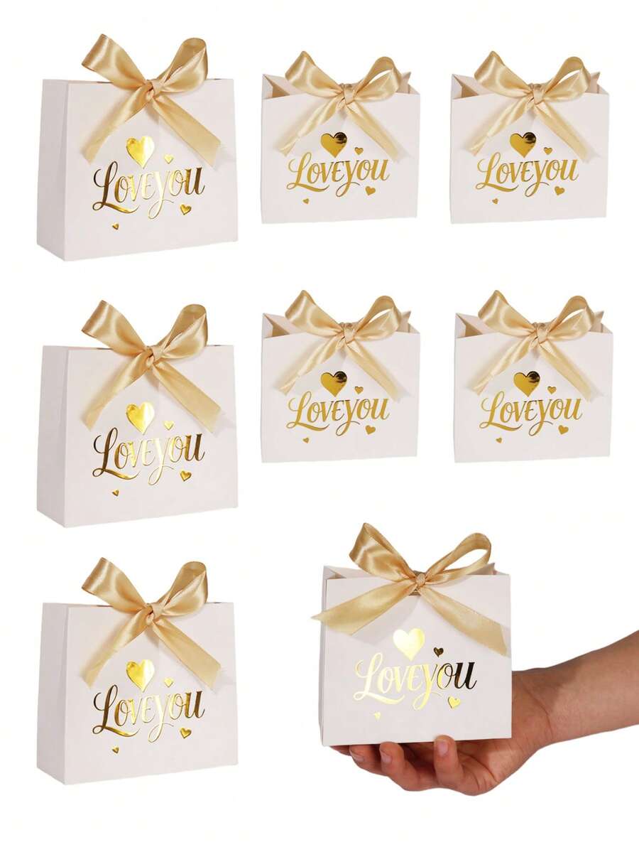 10PCS/1PC/Small Bowknot Gift Box [Including Ribbon] Valentine's Day Gift Box, Packaging Box, Packaging Bag, Can Hold Small Items, For Lovers, For Friends, Suitable For Valentine's Day, Birthdays, Party Gift Boxes [White] - White and Gold Ribbon LOVE - View 1