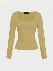 Basic Minimalist Crew Neck Double Layer Seamless Fitted Long Sleeve Top Casual Spring - Mustard Yellow - View 4