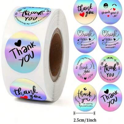 500 szt. okrągłych, wycinanych laserowo naklejek z PVC z podziękowaniami, zwykłe papierowe etykiety z laserowym zapieczętowaniem na prezenty, imprezy, dekoracje, odpowiednie na prezenty, upominki na imprezy, dekoracje, pamiętniki, planery, albumy ze zdjęciami, naklejki na telefon, dzienniki DIY, etykiety