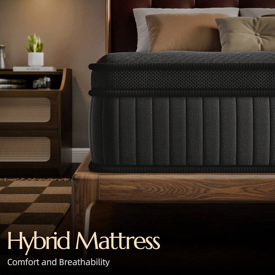 12 Inch Luxury Hybrid Mattress In A Box, Medium Firm Mattresses With Cooling Gel Memory Foam & Pocket Springs, Double Additional Support - Đen và Đỏ - Xem 1