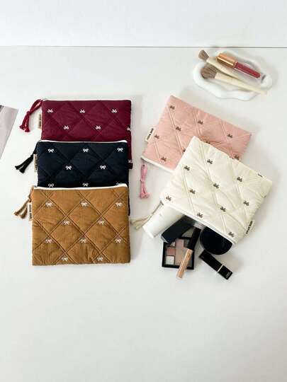 Quilted Bow Embroidery Cosmetic Bag, New Fashion Travel Portable Toiletry Bag, Lipstick Bag Multi-Functional Sanitary Napkin Storage Bag, Coin Purse Card Valentine's Day Gift Storage Bag Pencil Case