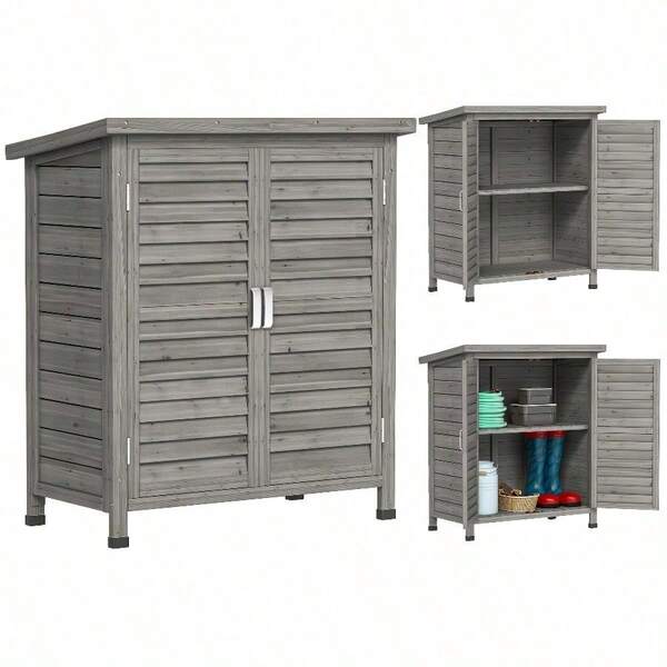 Garden Shed Wooden Garden Storage Shed | 2 Door Unit Solid Fir Wood Garage Tool Organisation Cabinet, 87L X 46.5W X 96.5Hcm, Grey, Multipurpose Use, Box, Cabinet, Rack For Outdoor Storage