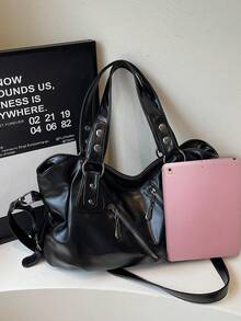 1 chiếc túi tote nữ kiểu vintage, túi xách tay tối giản dung tích lớn, túi đeo vai thời trang dành cho sinh viên/công sở. - màu đen - Xem 4
