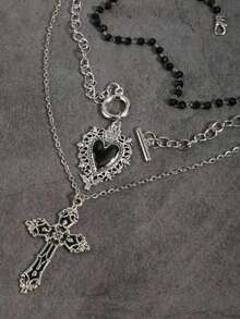 3件套复古哥特风串珠黑色心形OT链，朋克摇滚复古甜美哥特十字架项链，暗黑哥特欧美Y2K风格颈链设计