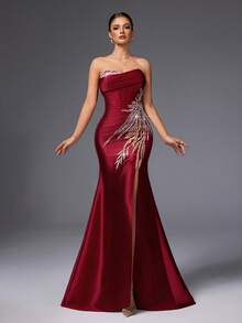 VIPGIRL Latest Design Handmade Two-Piece High Slit Burgundy Luxury Soft Elegant Evening Dress - Burgundy - View 3