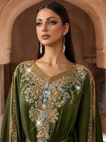 Luxury Pink Embellished Long Sleeve Kaftan Robe, Elegant Middle Eastern Style, Arabic Women Long Robe, Abaya, Modest And Graceful - Army Green - View 3