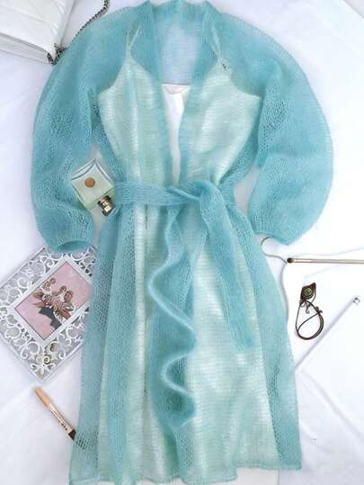 Solid Color Hollow Out Casual Spring/Autumn Cardigan, New Loose Long Style Lazy Sweater Maxi Dress, Elegant Soft Belted Outerwear Accentuates Curves, Versatile Daily/Commute Women Long Sleeve Knit Top, High-Quality Women Commuter Wear Vacation