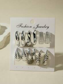 imoli Set de 6 pares de pendientes circulares con forma de C de CCB geométricos en color plateado - 32091-oreja-S-EP - Ver 4