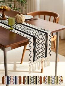 1 Pc Bohemian - Inspired Minimalist Woven Table Runner With Tassels. Features Geometric Line Patterns,For Dining Tables, Round Coffee Tables & Rustic Home Decor,Perfect For Wedding Receptions, Outdoor Parties & Valentine's Decor,Design For Home Decor - Multicolor - View 2