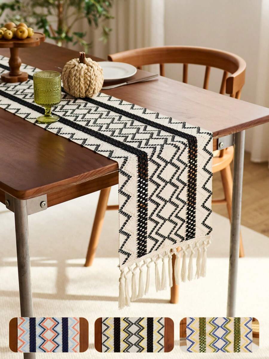1 Pc Bohemian - Inspired Minimalist Woven Table Runner With Tassels. Features Geometric Line Patterns,For Dining Tables, Round Coffee Tables & Rustic Home Decor,Perfect For Wedding Receptions, Outdoor Parties & Valentine's Decor,Design For Home Decor