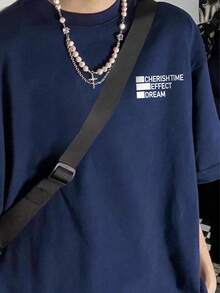 女士简约纯色藏蓝色撞色英文印花休闲宽松百搭日常穿搭圆领短袖T恤 - 藏蓝色 - 查看 4