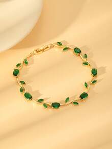 Fashionable Luxury Copper Plated 24K Gold Zirconia Leaf Bracelet, High-Quality Delicate Fully Paved Bracelet, Popular Cross-Border Seller