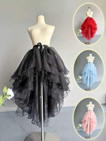 1pc Women's Irregular Hem Dress, Available In White, Black, Red, Pink, Light Blue, Champagne, Asymmetric Front Short Back Long Swallow Tail, Irregular Mermaid, Multilayer Tulle Skirt, Flowy Performance Dress, 3-6 Layers Swiss Mesh Maxi Skirt, One-Piece Apron, Ruffled Overlay Trailing Skirt, Suitable For Weddings, Banquets, Performances, Parties, Bridal, Bridesmaid, Stage Show, Cosplay, Travel Photography Props, Dance Recital, Halloween Costume