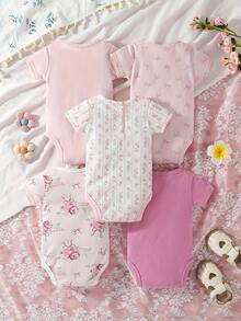Set Of 5 Triangular Bodysuits For Baby Girls, Short-Sleeved Set With Delicate Floral Print, Soft And Comfortable Bodysuit, Ideal For Wearing At Home. - Baby Pink - View 2