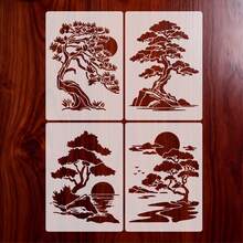 4pcs Reusable Landscape And Pine Tree Stencil Templates, Pine Tree, Sunbird, Tree Pattern Templates For DIY, Wall Art, Craft Design, Fine Art Design, Wooden Furniture, Scrapbooking And Crafts - A - View 1