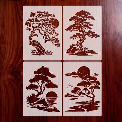 4pcs Reusable Landscape And Pine Tree Stencil Templates, Pine Tree, Sunbird, Tree Pattern Templates For DIY, Wall Art, Craft Design, Fine Art Design, Wooden Furniture, Scrapbooking And Crafts