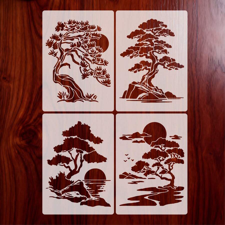 4pcs Reusable Landscape And Pine Tree Stencil Templates, Pine Tree, Sunbird, Tree Pattern Templates For DIY, Wall Art, Craft Design, Fine Art Design, Wooden Furniture, Scrapbooking And Crafts - A - View 1