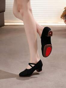 女士新款舞蹈鞋，弹性鞋口橡胶鞋底软底3厘米中跟爵士舞鞋，帆布户外运动鞋，黑色套脚运动鞋，芭蕾舞鞋，适合莎莎舞、现代舞练习、舞蹈表演、舞厅等场合，舒适、柔软、轻便、透气 - 黑色 - 查看 2