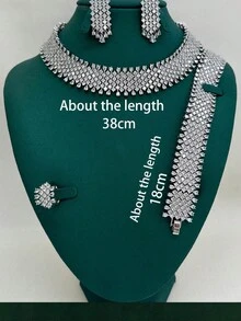 4pcs/Set Copper Cubic Zirconia Luxury Evening Jewelry Set - Necklace, Bracelet, Earrings, Ring With Tassel, Bridal Wedding Gift - White - View 5