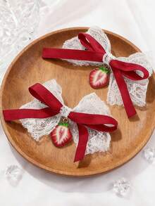 2pcs Cute Red Strawberry Pendant & Bow Hair Clips - Red - View 1