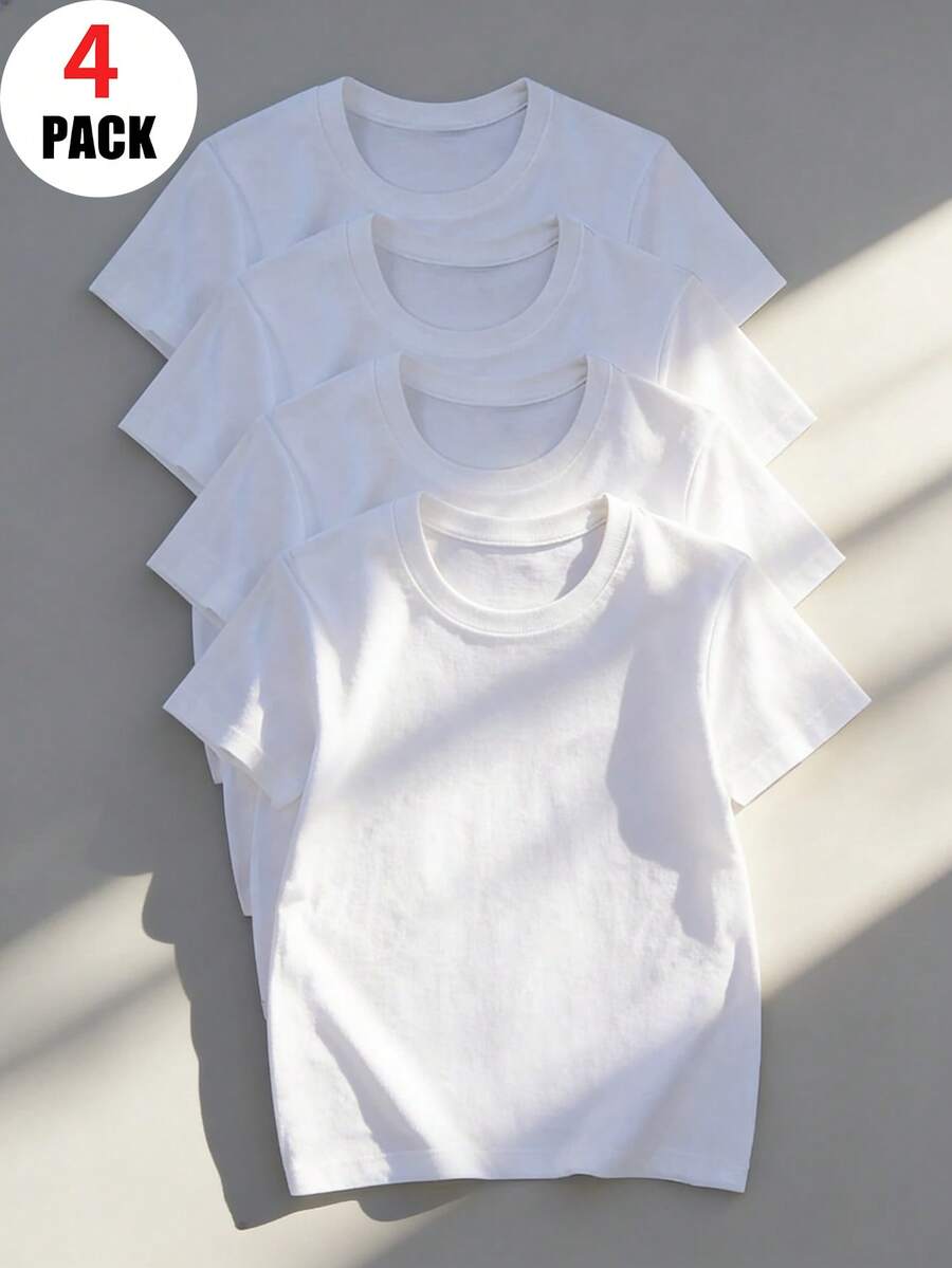 4pcs/Set Boys' & Kids' Solid White Crew Neck Short Sleeve T-Shirts, Soft & Comfortable Casual Tees For Warm Weather, Children Clothing - White - View 1