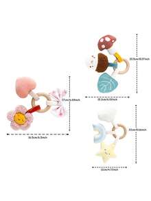 1 pieza Sonajero de madera con anillo para bebé, juguete de peluche suave para dentición, diseño lindo de bellota, estrella y flor, juguete sensorial para recién nacidos, bebés y niños pequeños, accesorio esencial y regalo de viaje - Multicolor - Ver 3