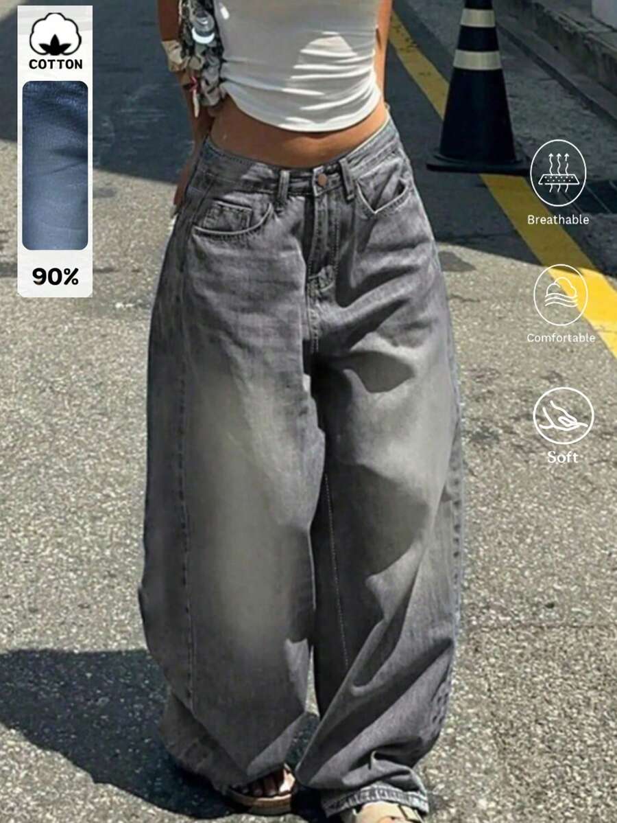 Women's Plus Size Denim Jeans (Couple Style - Ultra Loose Fit), Spring Fashion Jeans (Plus Size Wide Leg Pants), Ultra Loose Fit, High Waist, Full Length, Casual Outdoor Pants, Multi-Functional Daily Wear, Suitable For Family Leisure, Slim Fit For Teenagers To Adults, Minimalist Design, Durable Jeans - 灰色*旗艦款 - 查看 1