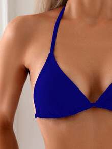 Casual Elegant Backless Bikini Set For Women Royal Blue Knitted Halter Neck Tie Side Bottoms High Stretch Sleeveless Swimwear - Màu xanh lam - Xem 4