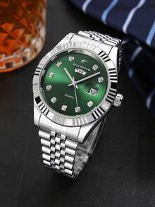 RICECGO 1 件男士商务石英表，奢华时尚男士腕表，带夜光双日历显示，不锈钢表带，适合日常佩戴，是情人节或生日送给男士的理想礼物 - 銀色 - 查看 7