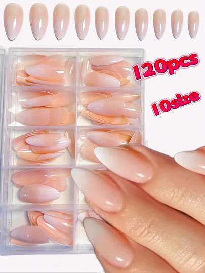120pcs/Box Medium-Long Almond Nude Ombre Classic Minimalist Pink Ombre White Pressed False Nail Stickers, Acrylic False Nail Stickers, DIY Nail Art Products Nails