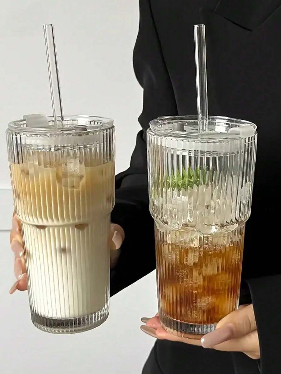 4个复古条纹玻璃杯，配玻璃吸管，19盎司咖啡杯，采用厚实的高硼硅玻璃制成，适用于冰咖啡、果汁、饮料，居家及派对使用。 - 無色 - 查看 1