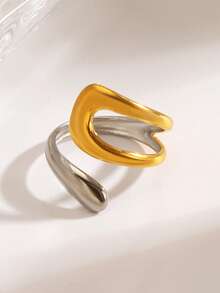 1pc 18K Gold Plated Stainless Steel Adjustable Dual-Tone Ring, Suitable For Daily Outfit, Bohemian Style, Gifts, Valentine's Day - Multicolor - View 6