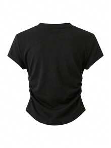 Women's T-Shirt With Ruched Waist, Short Sleeve Asymmetrical Hem Casual Blouse - Black - View 4