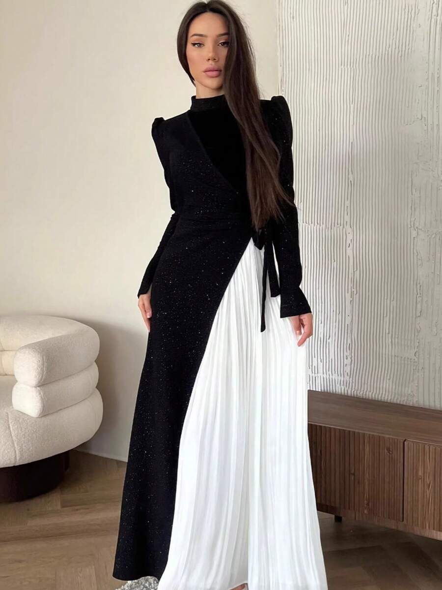 Nuevo Vestido de Otoño 2026 para Mujer, con Manga Larga, Estilo Occidental, de Dos Piezas Ilusorias, Combinación Fashion y Estilo con Pliegues - Bloqueo de color - Ver 1