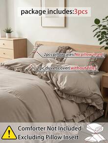 3pcs Bohemian Farmhouse Style Bedding Set, Taupe Ruffled Duvet Cover Set, Soft Microfiber Duvet Cover, Unisex, 1 Duvet Cover, 2 Pillow Shams (No Comforter Included) - Camel - View 3