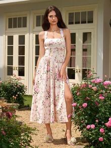 PARTHEA Women Boho Floral Print Square Neck Cami Midi Dress Sleeveless Flared Ruffle Hem Backless Tie Knot Casual Style - Apricot - View 5