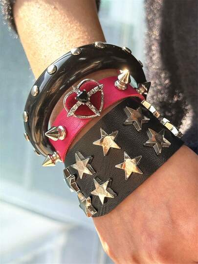 3pcs Y2K Resin Bracelet Set, New Gothic Style Heart & Star Rivet Leather Bracelets, Suitable For Women Party & Festival Stacking Wrist Accessories