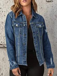 Plus Size Women Distressed Denim Jacket - Button Down Long Sleeve Coat, Frayed Hem, Casual Ripped Style Suitable For All Figures - Dark Wash - View 1