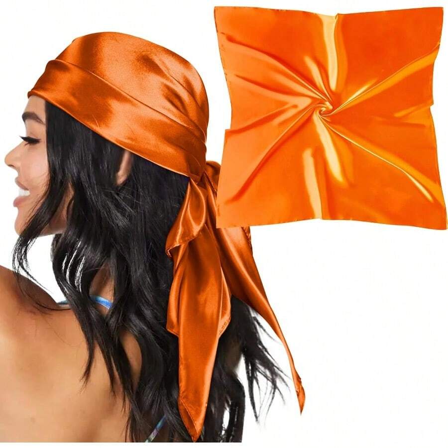 35" Large Satin Head Scarf For Women Silk Hair Scarf Solid Color Hair Bandana For Night Hair Wrap Sleeping - 橘色 - 查看 1