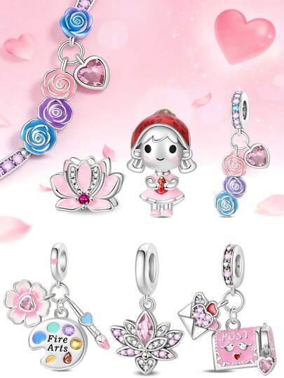 1 pieza Sobre plateado con corazón, Colgante de mandarina con sello postal, Colgante de corazón con gema de circonita, Colgante de corazón rosa con esmalte y cuentas de rosa romántica, Fresa linda y dulce, Juego de 3 piezas de pintura de gema con flor de cerezo, Cuentas de loto con gema de circonita rosa y blanca, Adecuado para pulseras, collares y otras joyas DIY, Imprescindible para pulseras perfectas, Opción principal para regalos