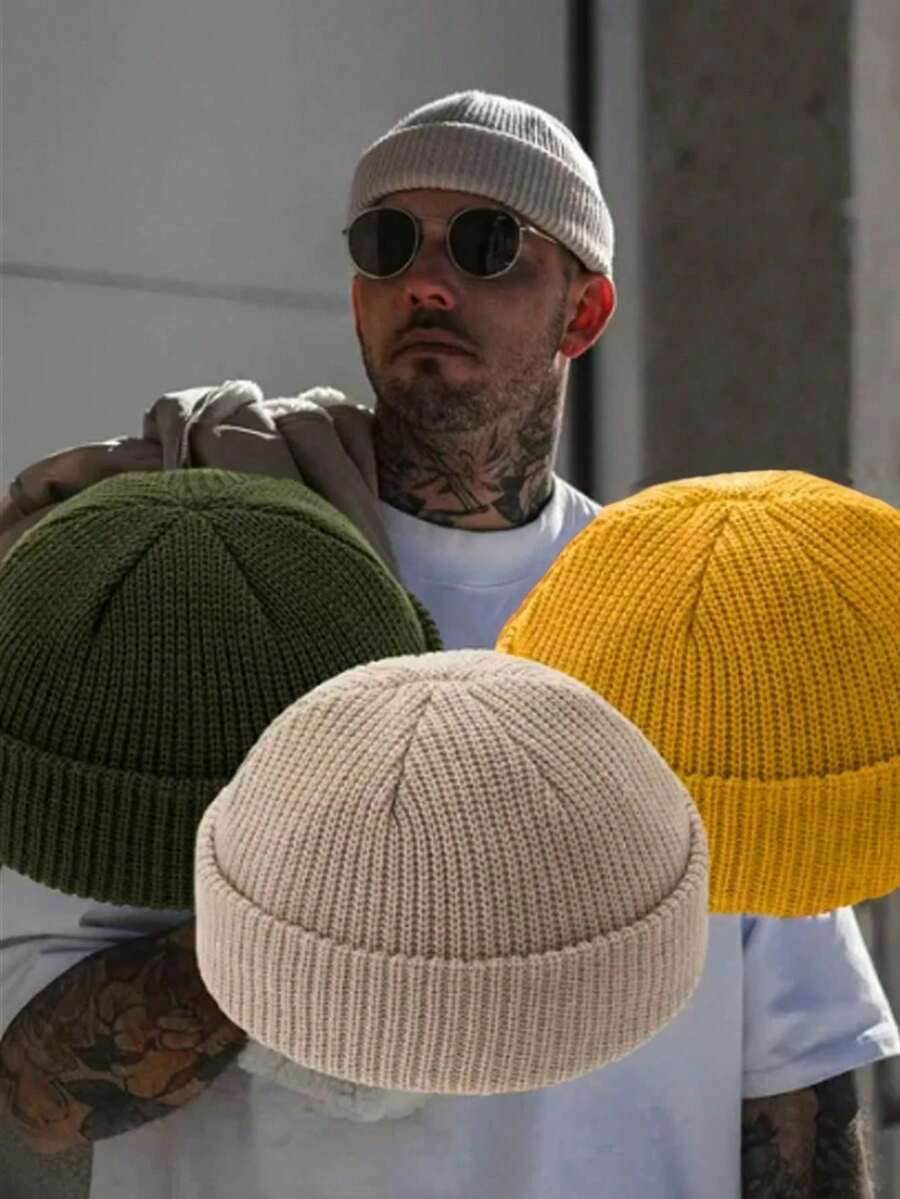 1 chiếc mũ len trơn cho nam, mũ beanie ấm áp, thoải mái, có viền gập, phù hợp để đội hàng ngày và dạo phố. Trang phục mùa thu. - Nhiều màu - Xem 1
