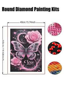 Diamond Art Kits For Adults Pink Flowers Butterfly, 5D Diamond Painting Kits For Adults Beginners, DIY Full Round Dots Drill Gem Art Kit For Gift Home Wall Decor - Multicolor - View 3