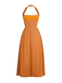 Women's Spring/Summer Sleeveless Zipper Pleated Dress, Casual Elegant Style, Suitable For Beach, Vacation, Date, Music Festival, Valentine's Day, Birthday Party And Other Occasions - Orange - View 4